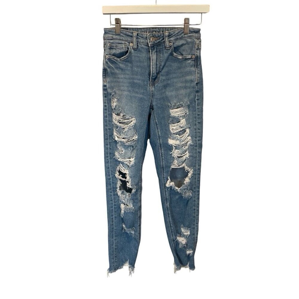 American Eagle Jeans Women 0 Mom Jean Stretch High Rise Distressed Raw Hem